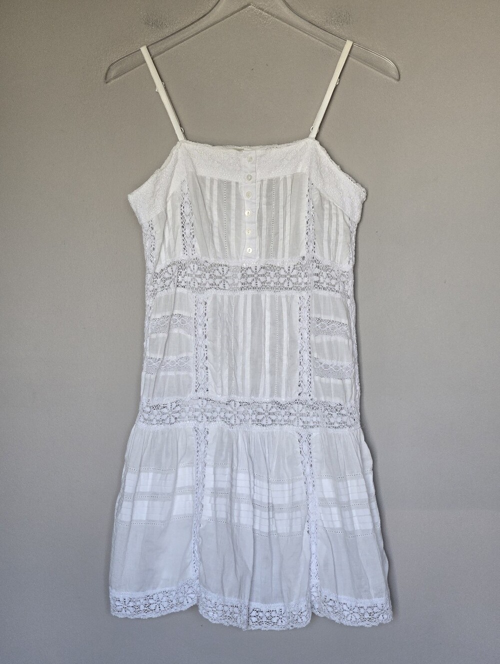 Boho Western Babydoll Lace-Trim Spaghetti Strap Sheer Mini Dress in White Size S - Picture 10 of 10